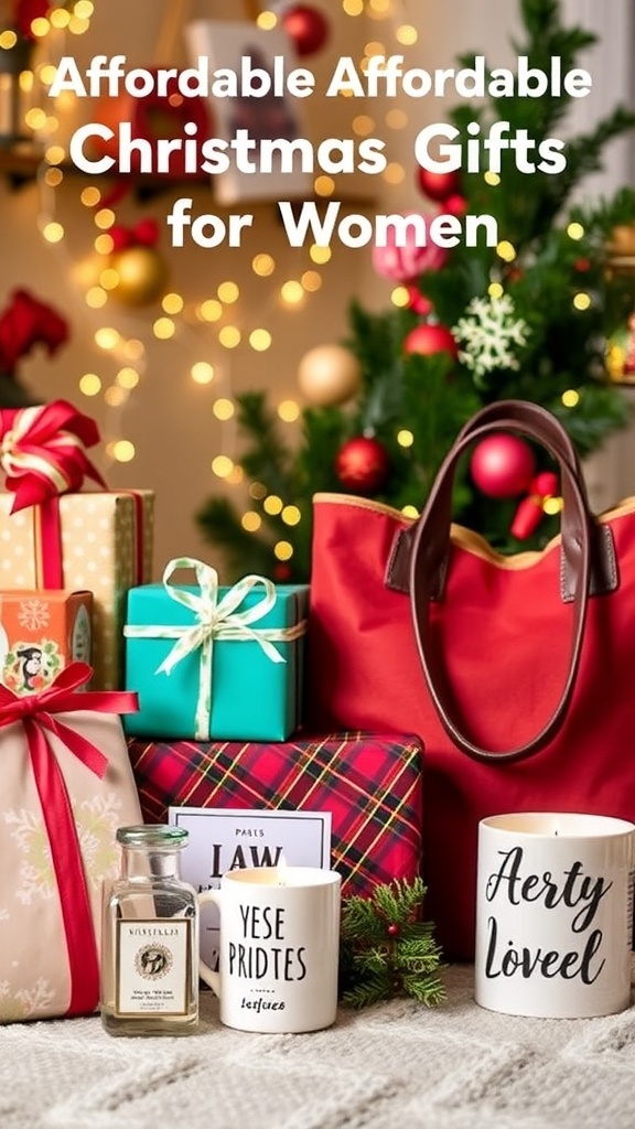 Affordable Christmas Wishlist Ideas for Women A collection of budget-friendly Christmas gifts for women, featuring wrapped presents, candles, tote bags, and mugs, with holiday decorations in the background.